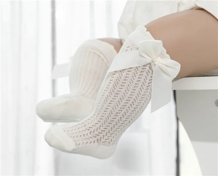 Non-Slip Baby Girl Bow Knee Socks – Cotton (0–2T)