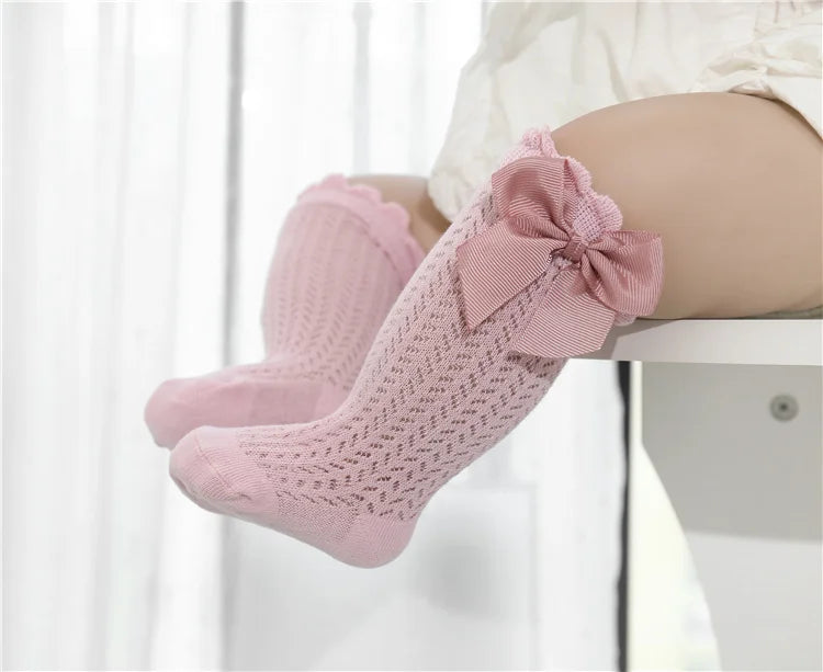 Non-Slip Baby Girl Bow Knee Socks – Cotton (0–2T)
