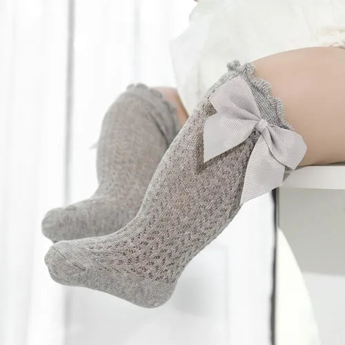 Non-Slip Baby Girl Bow Knee Socks – Cotton (0–2T)