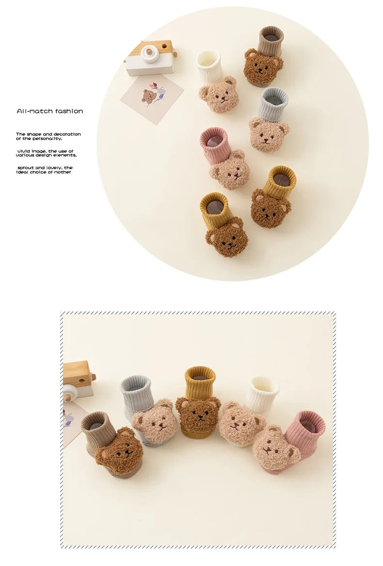 Soft Cotton Cartoon Bear Baby Socks with Anti-Slip Sole
